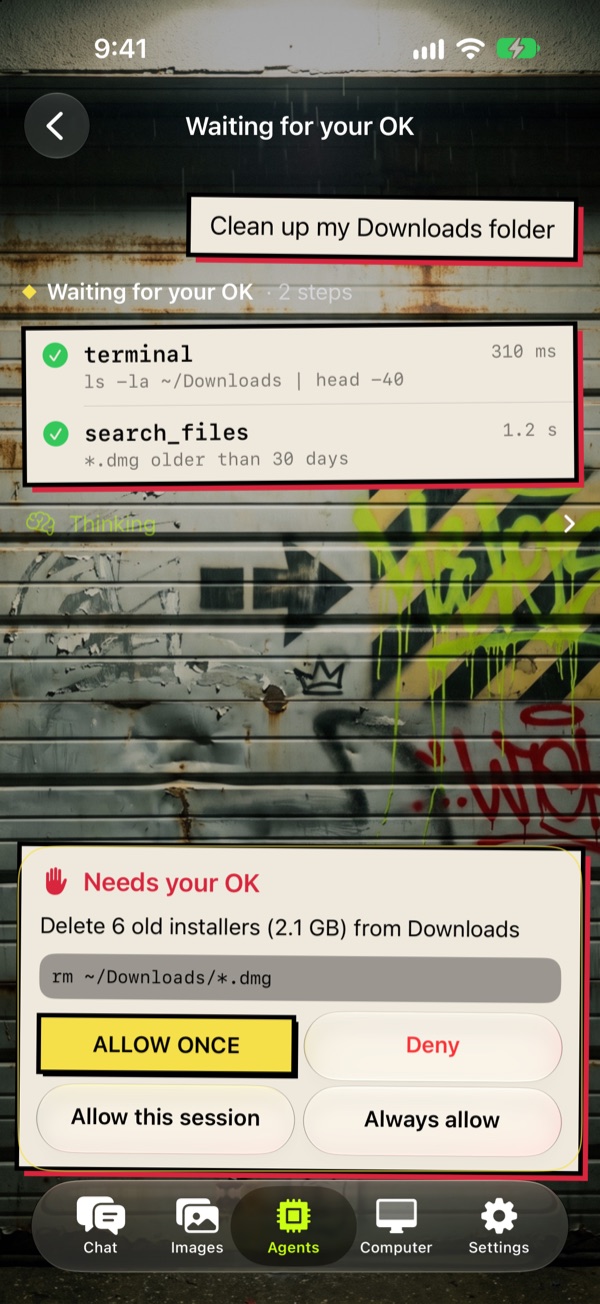 An agent on PocketHam asking for approval before deleting old installers